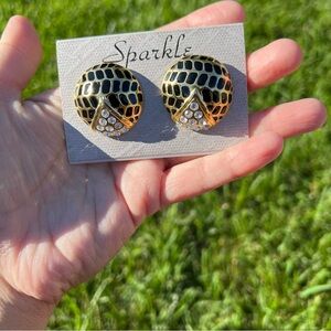 Vintage Glam Black Enamel & Rhinestone Gold Tone Earrings